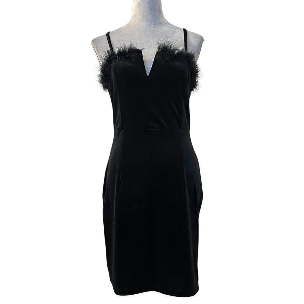 SHEIN Slayer Mini Dress Womens L Black Velvet V-Neck Fur Trimmed Spaghetti Strap